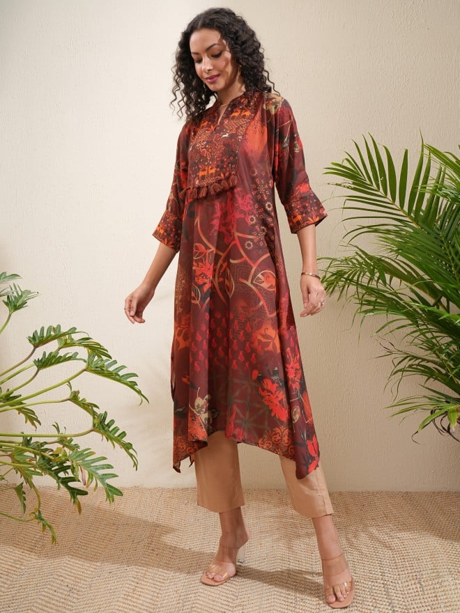 Vishudh Women Brown Printed A-Line Kurta