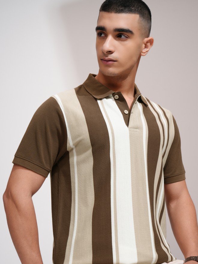 HighlanderMenBrownStripedPoloCollarT-Shirt