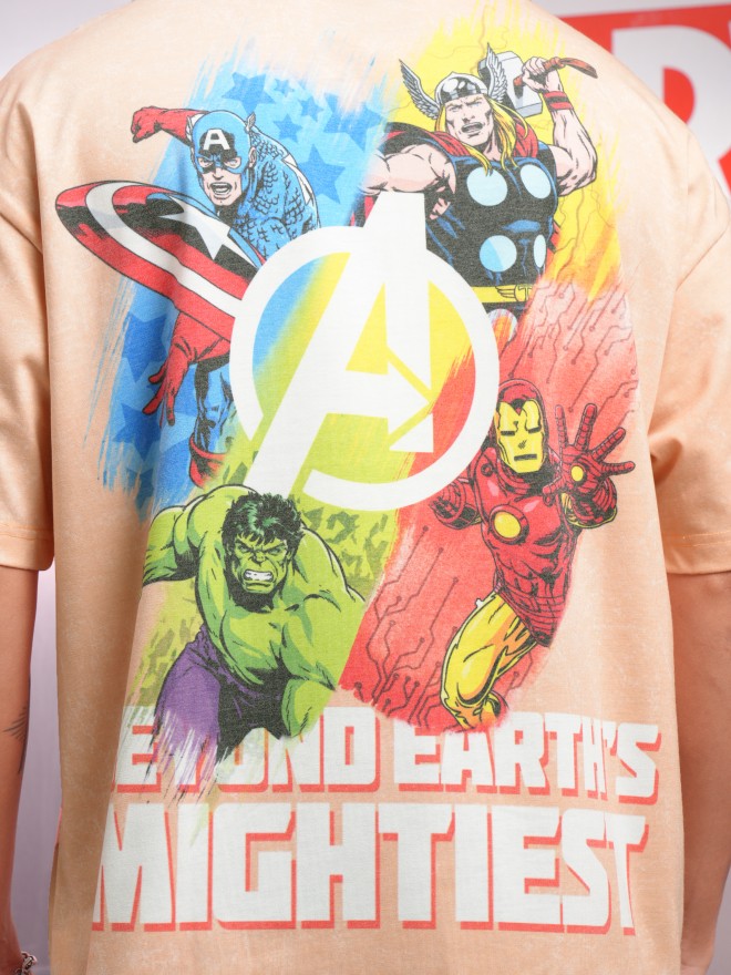 Marvel By Highlander Men Orange Avengers Printed Oversized Fit T-Shirt