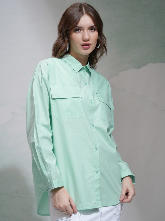 Tokyo Talkies Women Green Solid Regular Fit Casual Shirt